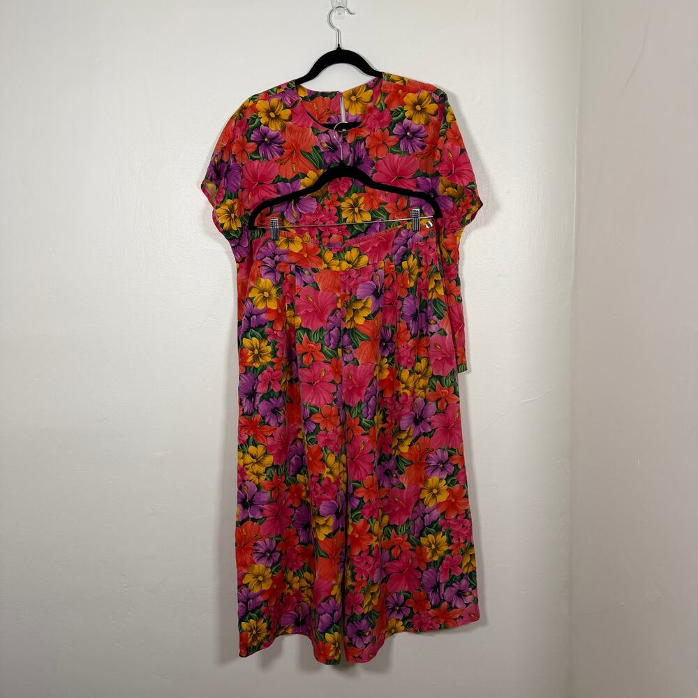 Vintage Talbots 100% Silk Tropical Floral 2 Piece Blouse & Wide Leg Pants 12P